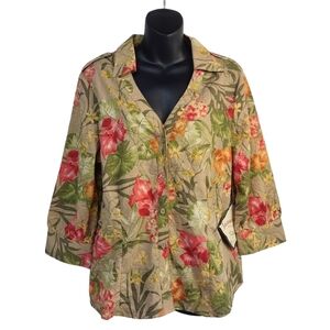 Jamaica Bay Women's Floral Print 3/4 Sleeve Top Blouse Shirt Sz L NWT